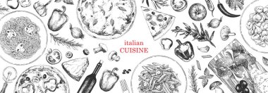 Geleneksel İtalyan mutfağı. Geleneksel İtalyan yemekleri ve ürünlerinin el çizimi. Mürekkep. Vektör