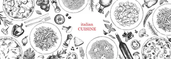Tradycyjna Kuchnia Włoska Ręcznie Rysowane Ilustracje Włoskich Tradycyjnych Potraw Produktów — Wektor stockowy