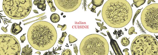 Traditionelle Italienische Küche Handgezeichnete Illustration Traditioneller Italienischer Gerichte Und Produkte — Stockvektor