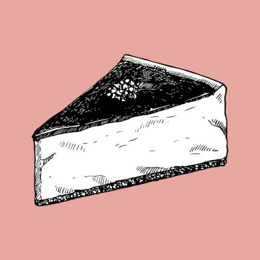 Peynirli kek. Bir parça ev yapımı kek, el çizimi eskiz, vektör çizimi 