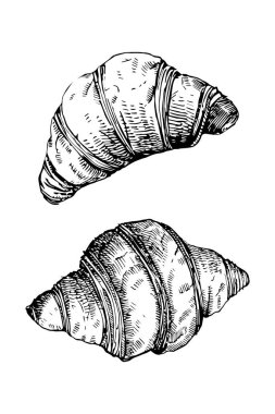 Kruvasan seti, el çizimi çizimi, vektör illüstrasyonu 