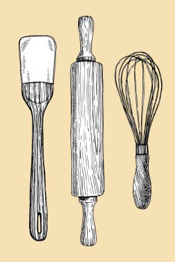 Fırın çatal bıçak takımı, el çizimi çizimi, vektör illüstrasyonu 