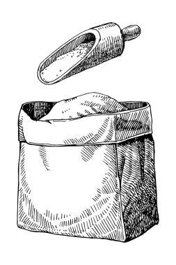 Kaşıklı un torbası, el çizimi çizimi, vektör illüstrasyonu 