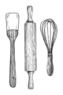 Fırın çatal bıçak takımı, el çizimi çizimi, vektör illüstrasyonu 