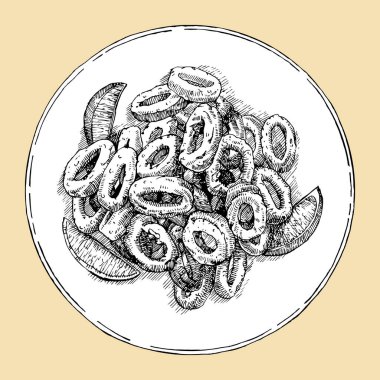 Limon dilimli mürekkep balığı halkaları, el çizimi çizimi, vektör illüstrasyonu 