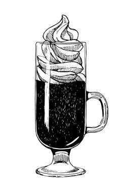 İrlanda kahveli bardak, el çizimi çizimi, vektör illüstrasyonu. 