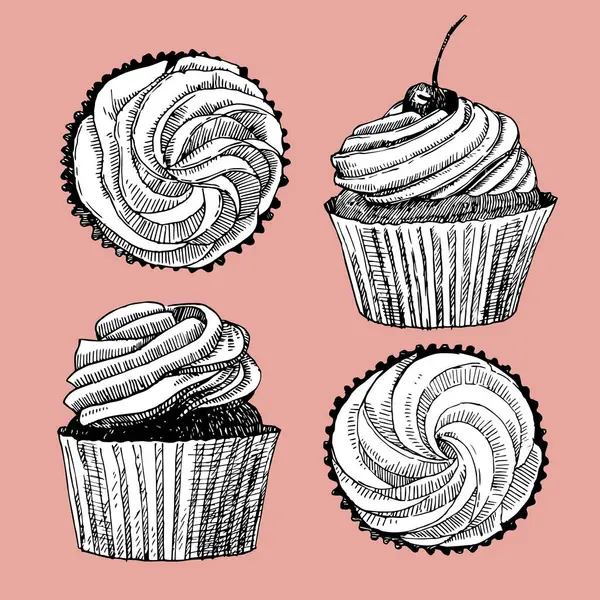 Set Cupcakes Croquis Dessiné Main Illustration Vectorielle — Image vectorielle