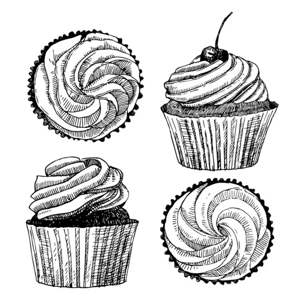 Cupcakes Set Handgezeichnete Skizze Vektorillustration — Stockvektor