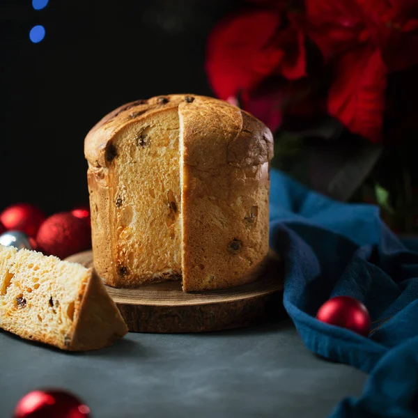 One Piece Panettone Sweet Bread Traditional Italian Food Christmas Dark — Stock Photo, Image