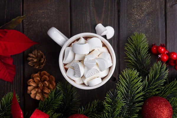 Red Mug Hot Chocolate Top Which Pieces Marshmallows Float Branches — Foto de Stock