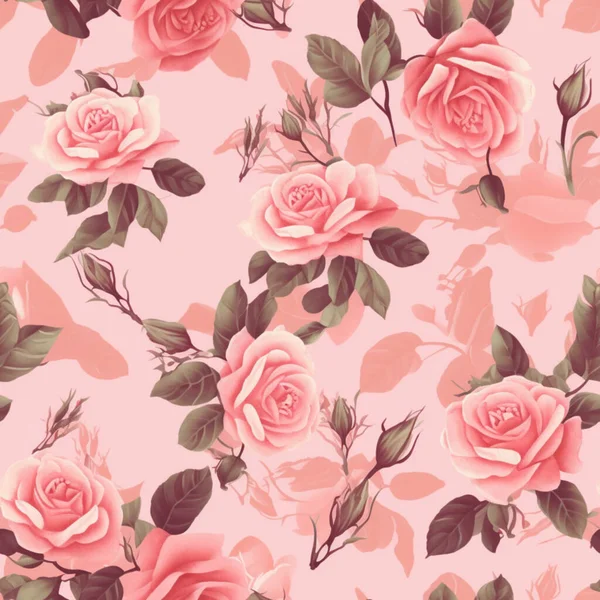 Nahtloses Muster Mit Großen Rosen Auf Rosa Hintergrund Generative Inhalte — Stockfoto