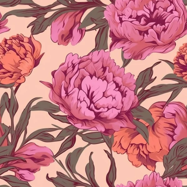 Nahtloses Vintage Muster Mit Pfingstrosen Auf Rosa Hintergrund Generative Inhalte — Stockfoto