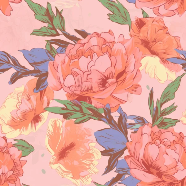 Seamless Pattern Colorful Peonies Pink Background Generative Content — Stock Photo, Image