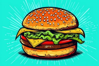 Pembe arka planda Amerikan hamburgeri, turkuaz arka planda pop sanat tarzında illüstrasyon. Yüksek kaliteli resim