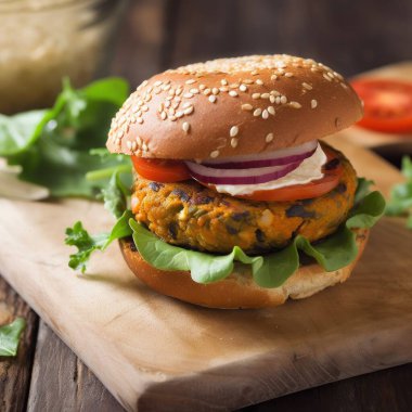 Sebzeli burger, nohut, mercimek ve sebzeli, üzerinde salatalık olan bir ev mutfağı. Yüksek kalite fotoğraf