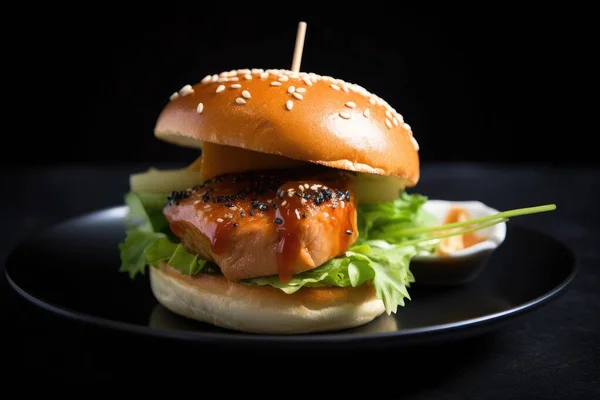 stock image Salmon burger, with a grilled salmon fillet, teriyaki sauce, lettuce, cucumber, and wasabi mayo on a brioche bun on black background. High quality photo