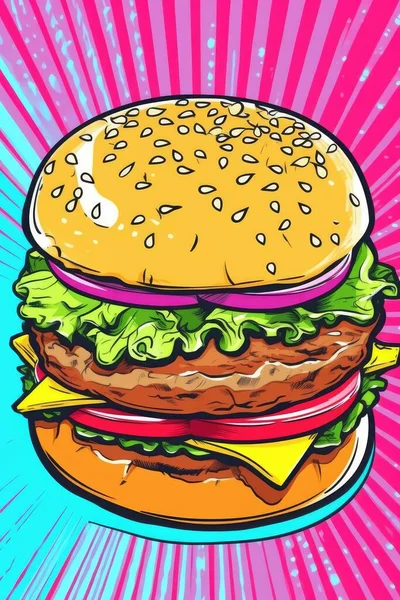 Amerykański Burger Różowym Tle Ilustracja Stylu Pop Art Wolne Miejsce — Zdjęcie stockowe