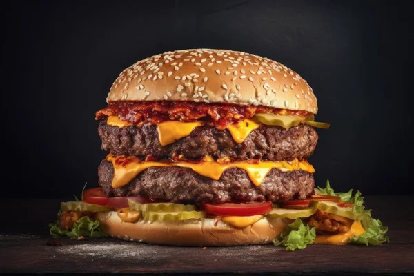 Burger Wołowiną Wypełniony Dwoma Kotletami Wołowymi Serem Czarnym Zdjęciu Tle — Zdjęcie stockowe