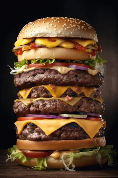 Nagy Hamburger Tele Marhahússal Sajttal Egy Fekete Háttér Fotó Kiváló — Stock Fotó