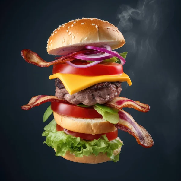 Grande Hambúrguer Voador Cheio Carne Bovina Bacon Queijo Uma Foto — Fotografia de Stock