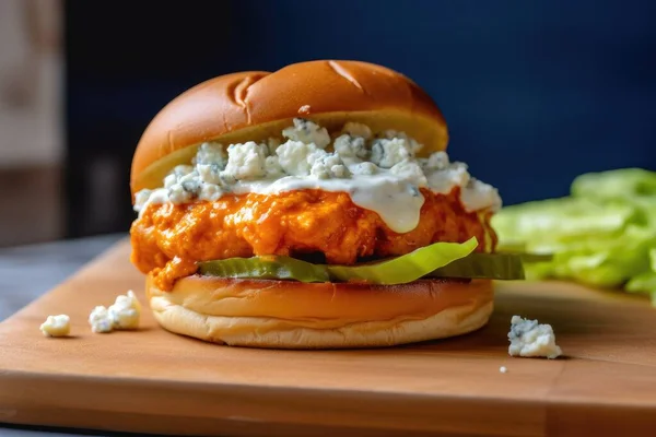 Burger Ayam Kerbau Dengan Saus Keju Biru Dan Kuah Seledri Stok Lukisan  