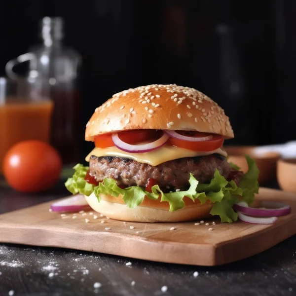Cheeseburger Avec Galettes Boeuf Juteuses Tranches Fromage Américain Fondu Laitue Photo De Stock