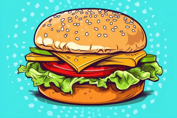 Αμερικανικό Burger Ροζ Φόντο Εικονογράφηση Στυλ Pop Art Τυρκουάζ Φόντο Εικόνα Αρχείου