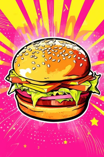 Burger Amerika Dengan Latar Belakang Pink Ilustrasi Dengan Gaya Seni Stok Gambar Bebas Royalti