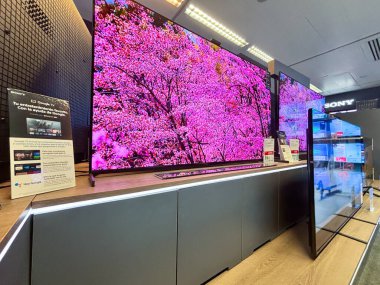 Alicante, İspanya - 11 Haziran 2025: Sony TV, elektronik mağazasında yüksek kaliteli ekran ve çağdaş estetiği vurgulayarak, büyüleyici kiraz çiçeği imgeleri sergiliyor
