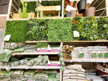 Alicante, İspanya - 18 Haziran 2025: Bir ev dekorasyon mağazasında suni bitki ve bahçe malzemeleri sergilenmesi, iç mekanları geliştirmek için mükemmel