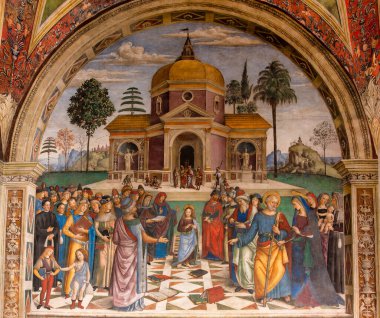 15. yüzyıl freski: Tapınaktaki genç İsa, doktorlarla, dağınık kitaplarla, görkemli mimariyle tartışıyor. Pinturicchio, Baglioni Şapeli, Spello, İtalya, 6 Haziran 2025