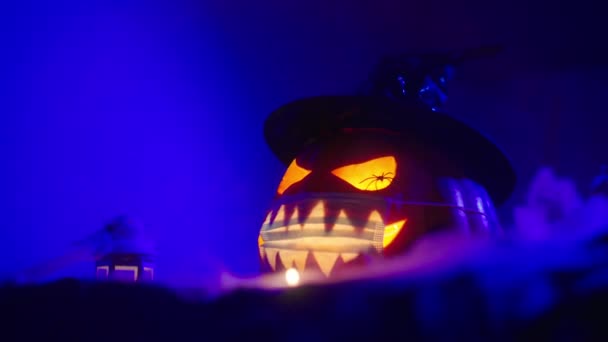 Halloween Coronavirus Pandemin Pumpa Jack Lykta Medicinsk Mask Halloween Pumpor — Stockvideo