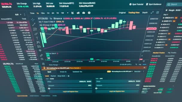 Graphs Cryptocurrency Rate Computer Monitor Man Working Screen Price Index — Vídeo de stock