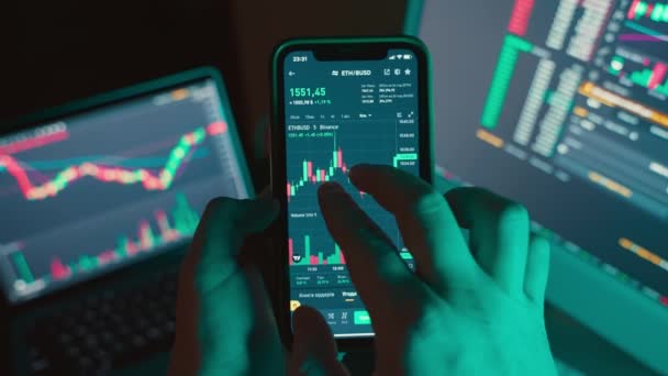 People Sits Home Laptop Phone Watching Cryptocurrency Trading Exchange Rise — Vídeos de Stock