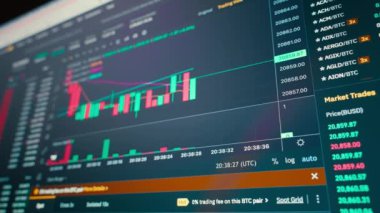 Animation of interface screen with Stock exchange market chart overlay of mostly red changing numbers,statistics and text information moving on black. High quality 4k footage