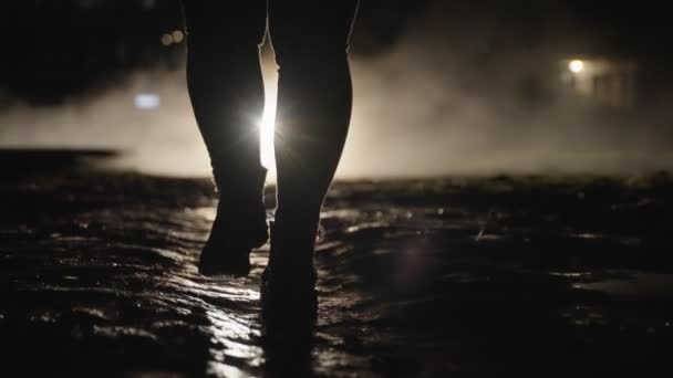 Creepy Mysterious View Legs Man Walking Outdoors Night Path Rain — Stockvideo