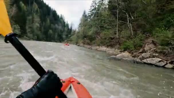 Perspectiva Kayak Kayak Que Baja Por Río Hombre Rafting Flota — Vídeos de Stock