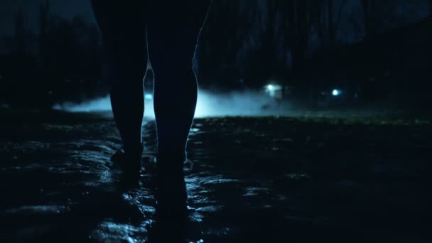 Vista Trasera Hombre Caminando Largo Una Calle Oscura Través Niebla — Vídeos de Stock