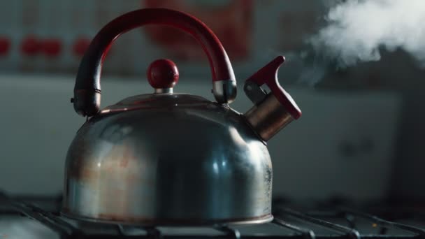 Boiling Kettle Whistle Standing Gas Stove Letting Steam Preparation Hot — Stock Video