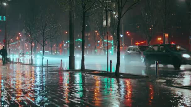 Krajobrazy Nocnego Miasta Deszczu Przenoszenie Samochodów Wzdłuż Ulicy Deszczowego Miasta — Wideo stockowe