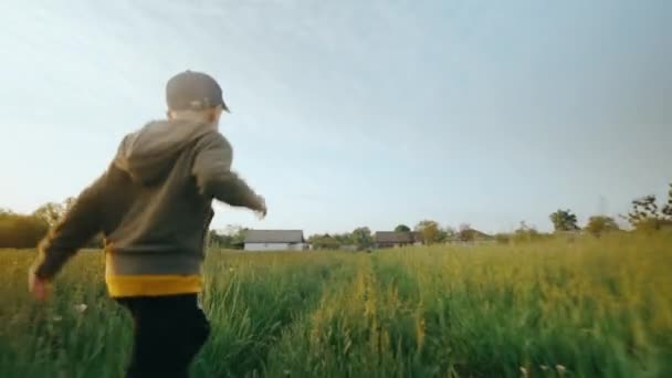 Wesołe Dziecko Biegnie Przez Zieloną Trawę Słoneczny Dzień Gra Dla — Wideo stockowe