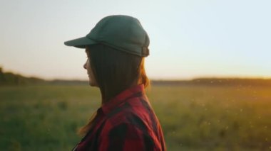 Şapkalı bir kadın gün batımında tarlada yürüyor tarlaları ve yeşil tarlaları teftiş ediyor. İş gününün sonunda. Tarlada bir yürüyüş. Tarım sektörü konsepti. 4k biçiminde yüksek kaliteli atış