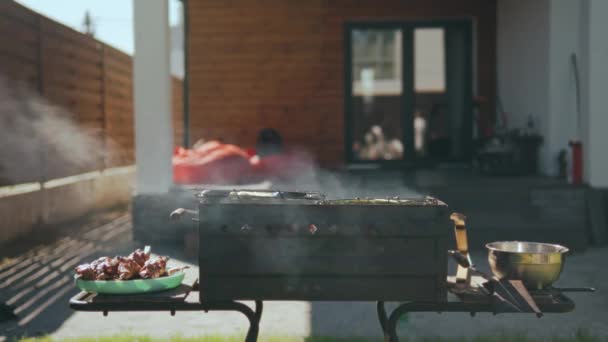 Matlagning Grönsaker Och Saftiga Kött Kebab Ett Spett Rök Utsikt — Stockvideo