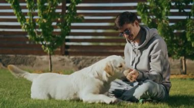 Genç bir adam bahçedeki yeşil bir çimenlikte oturur ve ona bir ödül vererek köpeğini eğitir. Bir adam evin yakınındaki çimlerde otururken bir köpeği okşar. Hayvan. Yüksek kalite 4K video.