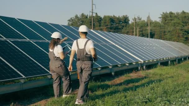 Задний Вид Мужчин Женщин Инженеров Погонах Солнечной Электростанции Рабочие Осматривают — стоковое видео