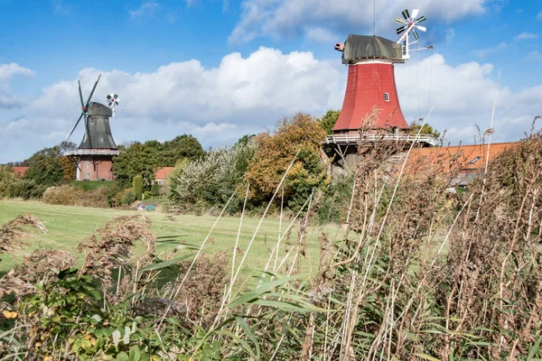 Typical East Frisian landscape at the beginning of autumn. The landmark twin mills of Greetsiel are in focus. The blue sky fits into the contrasting photo. Horizontal lines emphasise the photo and lead into the picture.