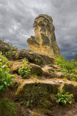 Halberstadt yakınlarında Fnffingerfelsen 'in tek bir kaya kulesi dik bir şekilde gökyüzüne yükselir. Dramatik bulut ve engebeli taş, doğal anıta mistik ve güçlü bir varlık verir..