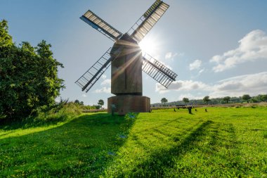 Sabah vakti Abbenrode posta değirmeni değirmenin yelkenlerini aydınlatıyor. Değirmen, açık bulutlu mavi gökyüzünün altındaki bir çayırda tek başına duruyor..
