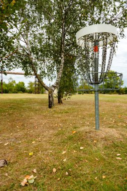 Huş ağaçları arasındaki çayırda duran bir disk golf sepetinin dikey görüntüsü. Sahne, eğlence, spor ve doğa ile arka planda eski bir sanayi bitkisinin ince kalıntılarını birleştiriyor..