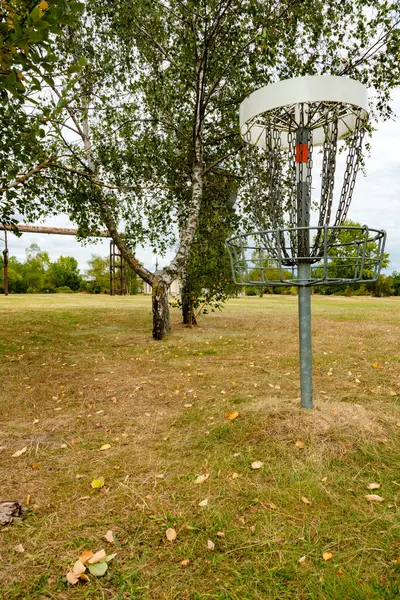 Huş ağaçları arasındaki çayırda duran bir disk golf sepetinin dikey görüntüsü. Sahne, eğlence, spor ve doğa ile arka planda eski bir sanayi bitkisinin ince kalıntılarını birleştiriyor..